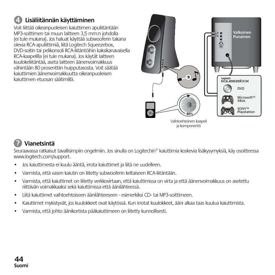 Lisäliitännän käyttäminen, Vianetsintä | Logitech Z523 User Manual | Page 44 / 114