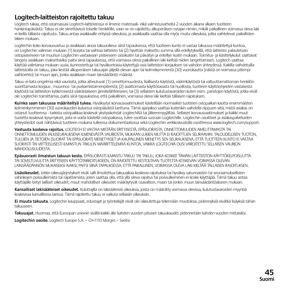 Logitech-laitteiston rajoitettu takuu | Logitech Z523 User Manual | Page 45 / 114