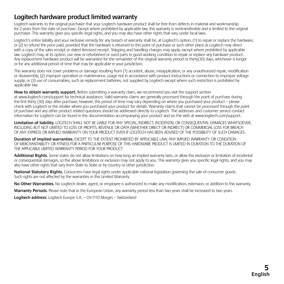 Logitech hardware product limited warranty | Logitech Z523 User Manual | Page 5 / 114