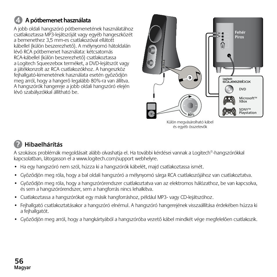 A pótbemenet használata, Hibaelhárítás | Logitech Z523 User Manual | Page 56 / 114