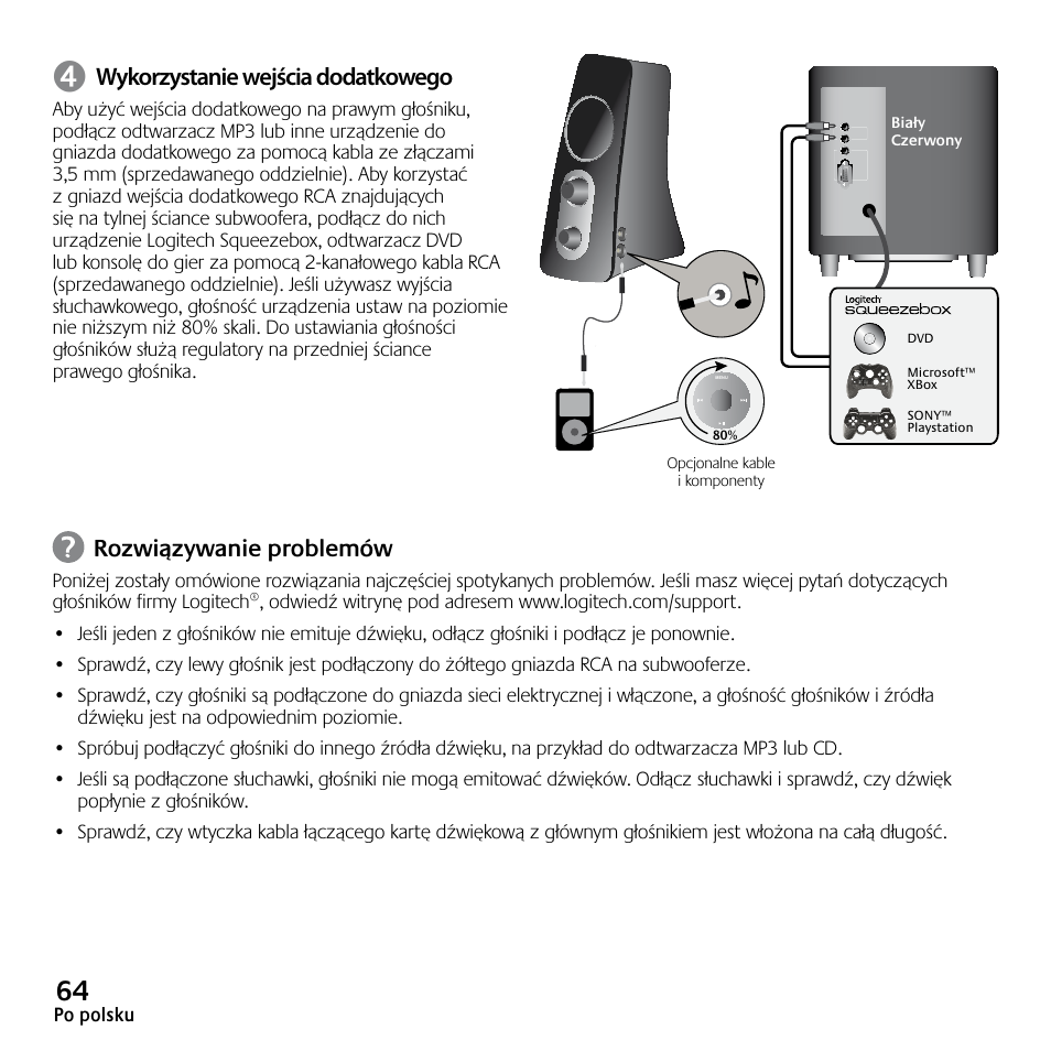 Wykorzystanie wejścia dodatkowego, Rozwiązywanie problemów | Logitech Z523 User Manual | Page 64 / 114