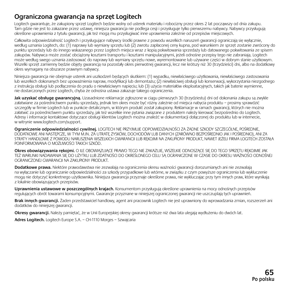 Ograniczona gwarancja na sprzęt logitech | Logitech Z523 User Manual | Page 65 / 114
