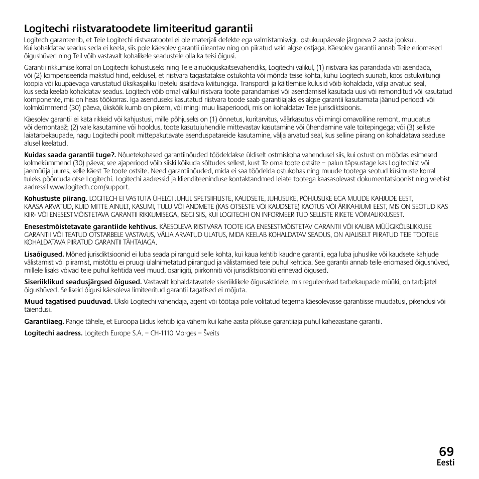 Logitechi riistvaratoodete limiteeritud garantii | Logitech Z523 User Manual | Page 69 / 114