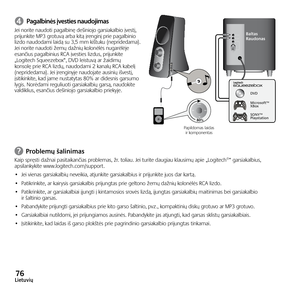 Pagalbinės įvesties naudojimas, Problemų šalinimas | Logitech Z523 User Manual | Page 76 / 114