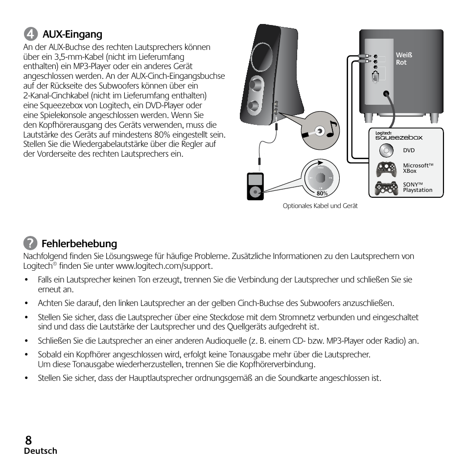 Aux-eingang, Fehlerbehebung | Logitech Z523 User Manual | Page 8 / 114