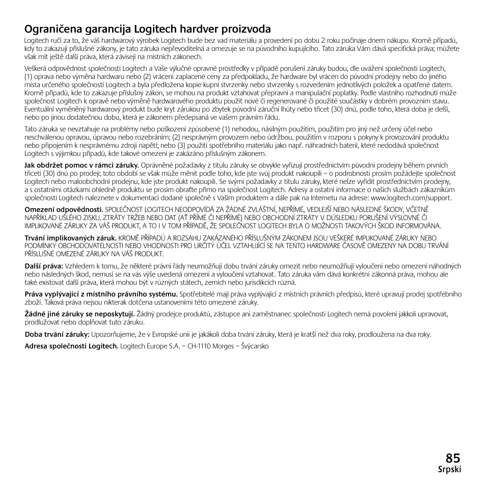 Ograničena garancija logitech hardver proizvoda | Logitech Z523 User Manual | Page 85 / 114