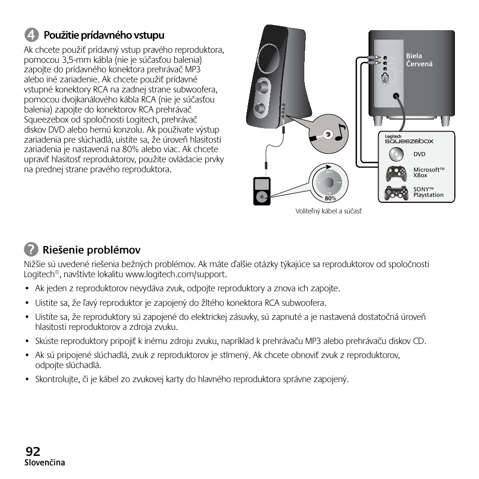 Použitie prídavného vstupu, Riešenie problémov | Logitech Z523 User Manual | Page 92 / 114