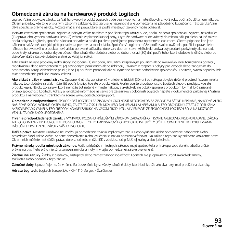 Obmedzená záruka na hardwarový produkt logitech | Logitech Z523 User Manual | Page 93 / 114