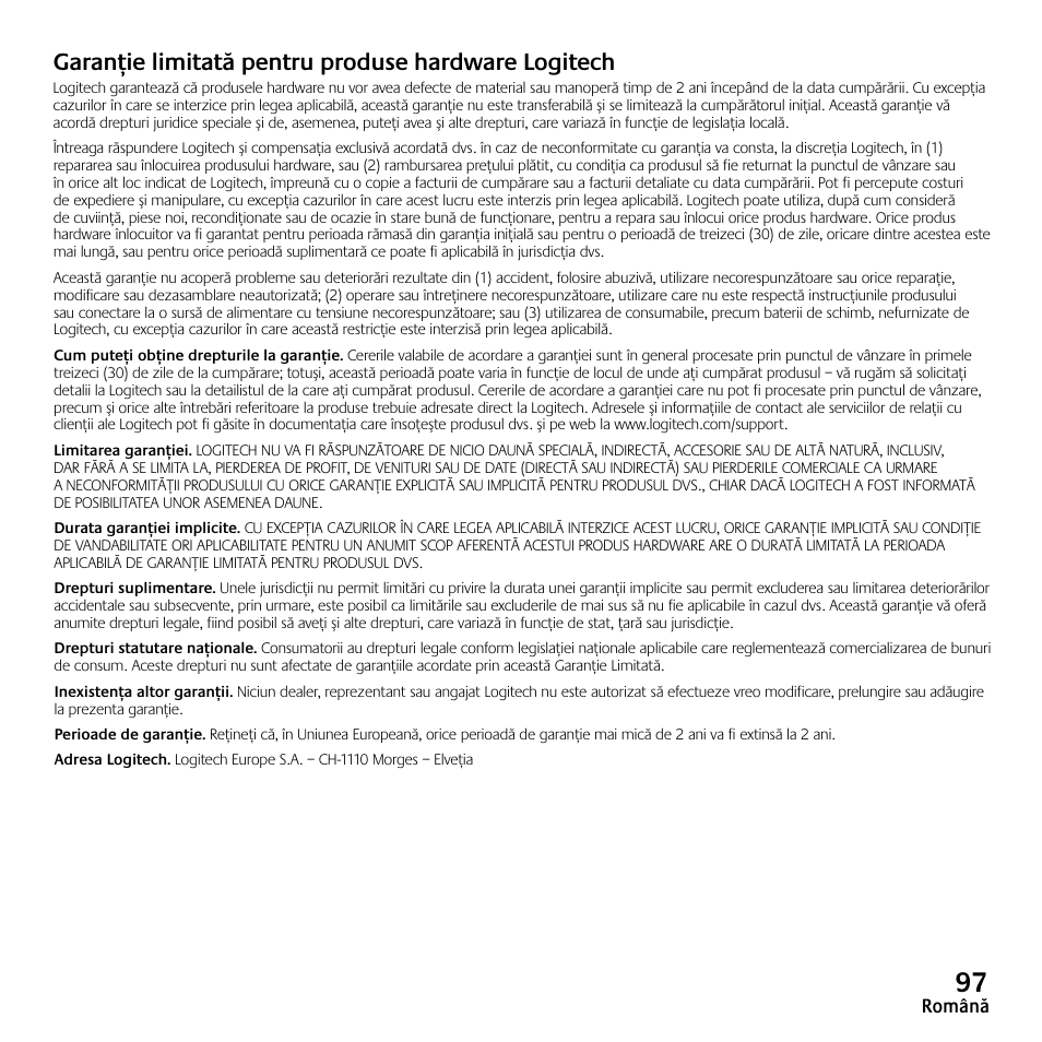 Garanţie limitată pentru produse hardware logitech | Logitech Z523 User Manual | Page 97 / 114