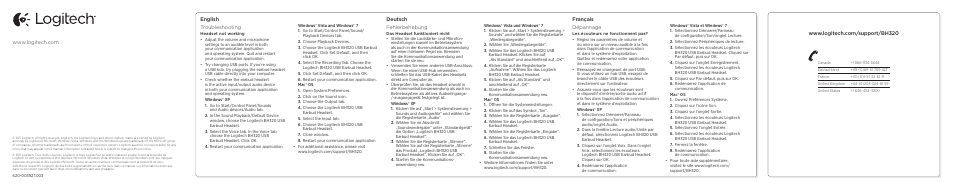 Deutsch fehlerbehebung, Français dépannage | Logitech USB Earbud Headset BH320 User Manual | Page 2 / 2