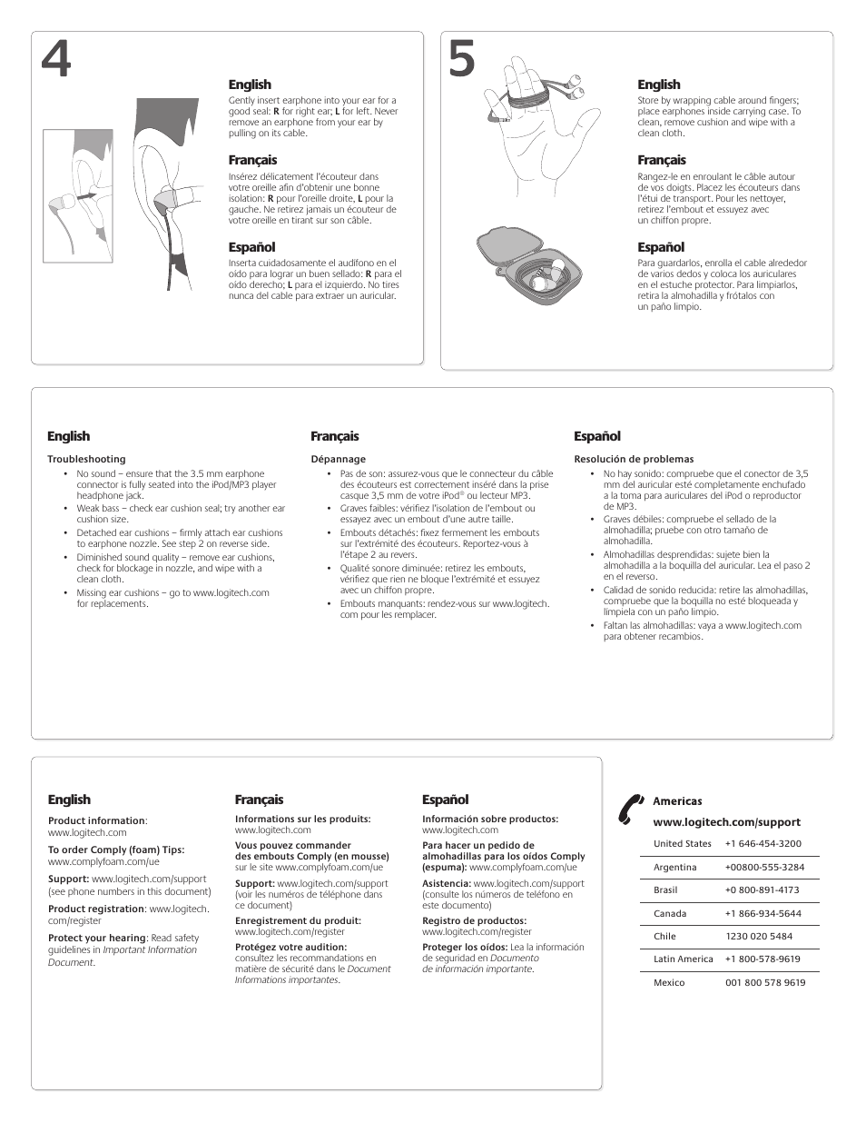 English, Français, Español | Logitech Ultimate-Ears 500 User Manual | Page 2 / 2