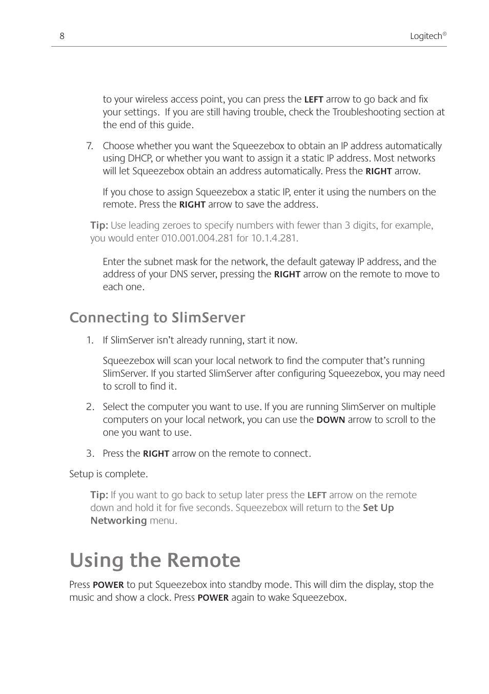 Using the remote, Connecting to slimserver | Logitech Squeezebox Ft User Manual | Page 10 / 32