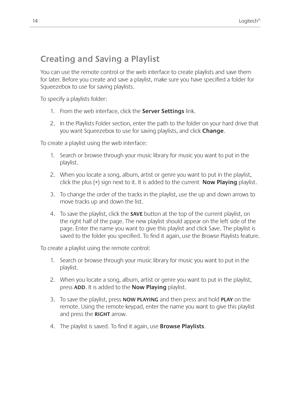 Creating and saving a playlist | Logitech Squeezebox Ft User Manual | Page 16 / 32