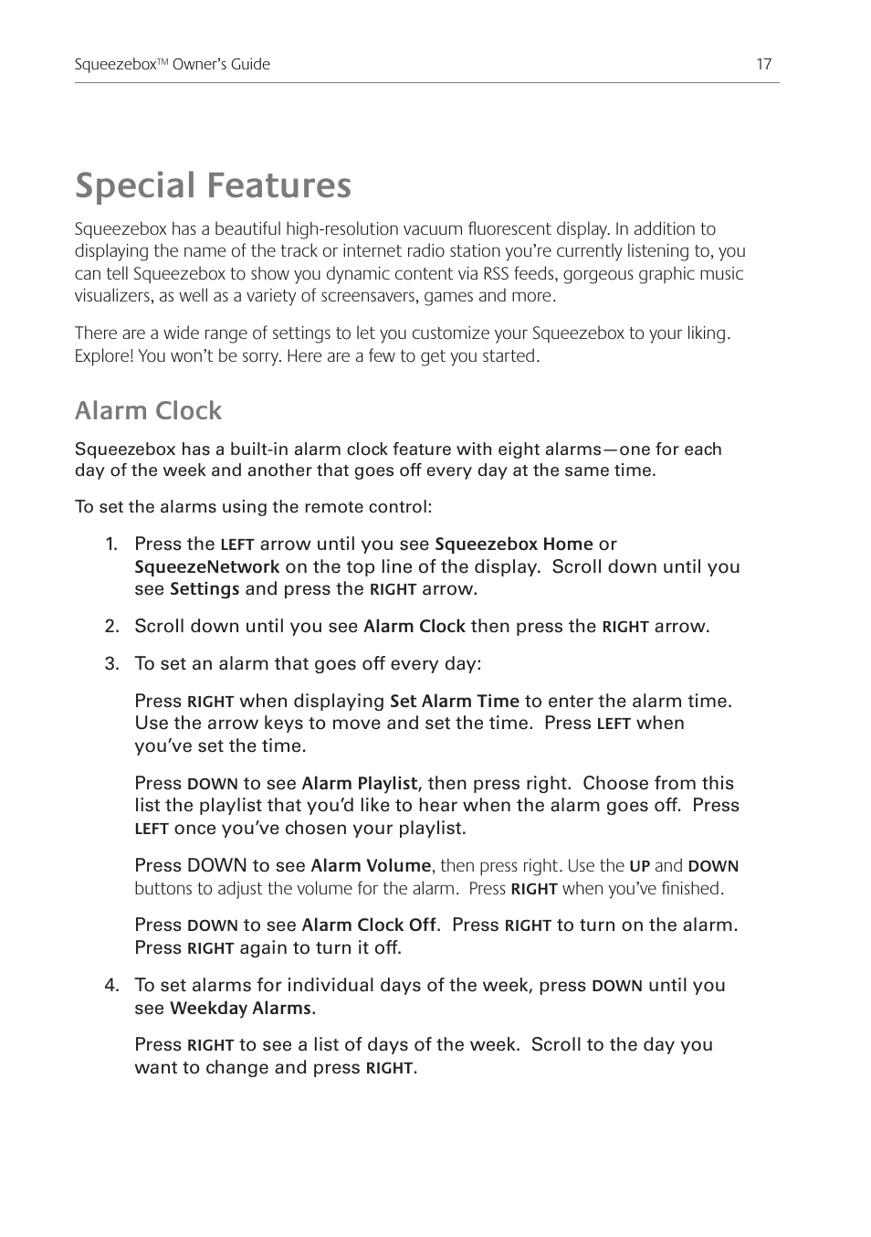 Special features, Alarm clock | Logitech Squeezebox Ft User Manual | Page 19 / 32
