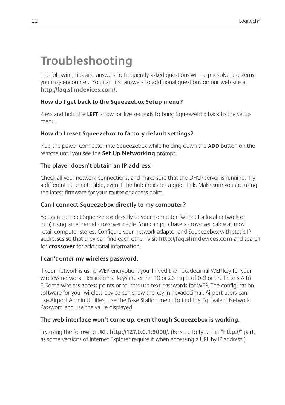 Troubleshooting | Logitech Squeezebox Ft User Manual | Page 24 / 32