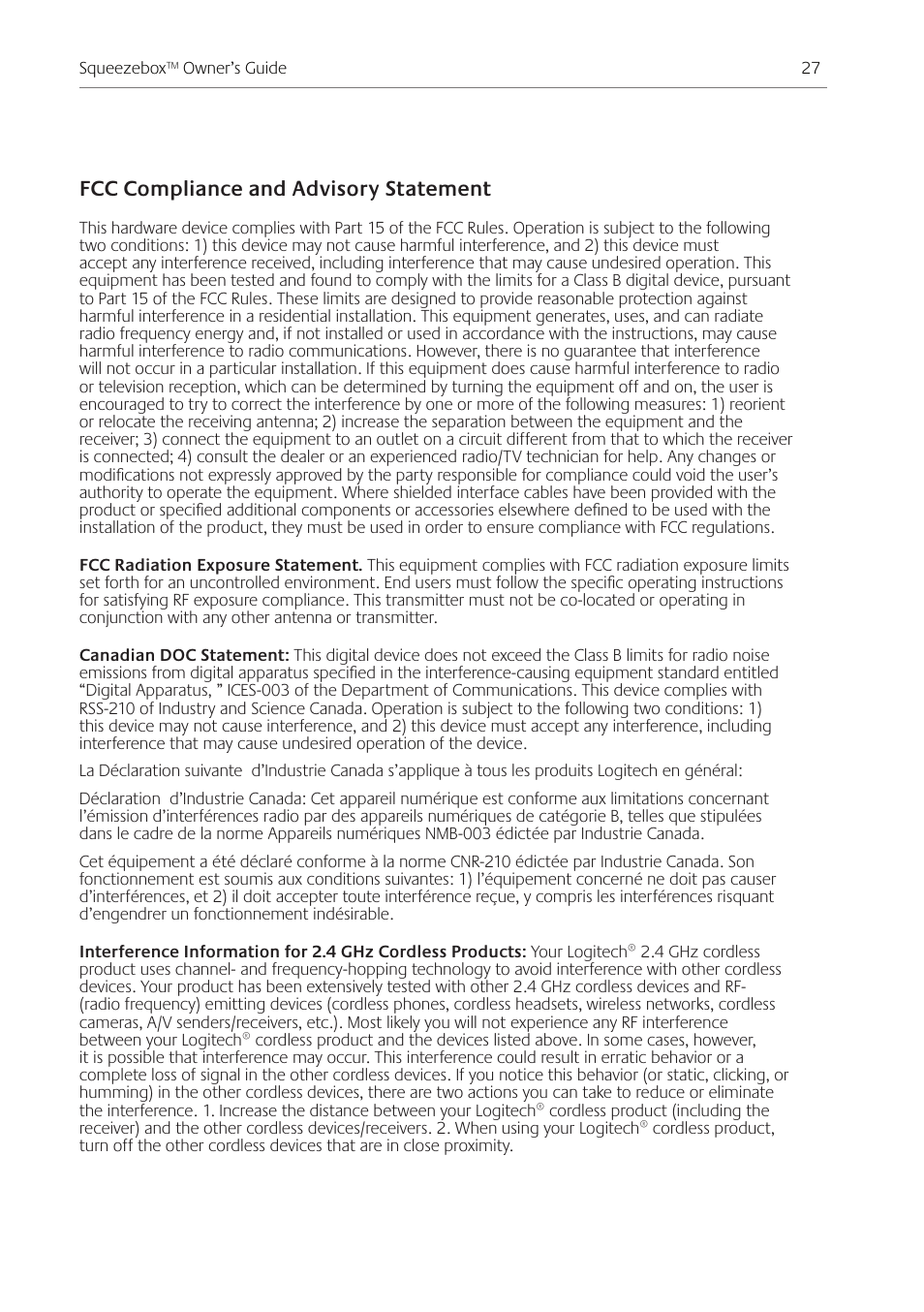 Fcc compliance and advisory statement | Logitech Squeezebox Ft User Manual | Page 29 / 32
