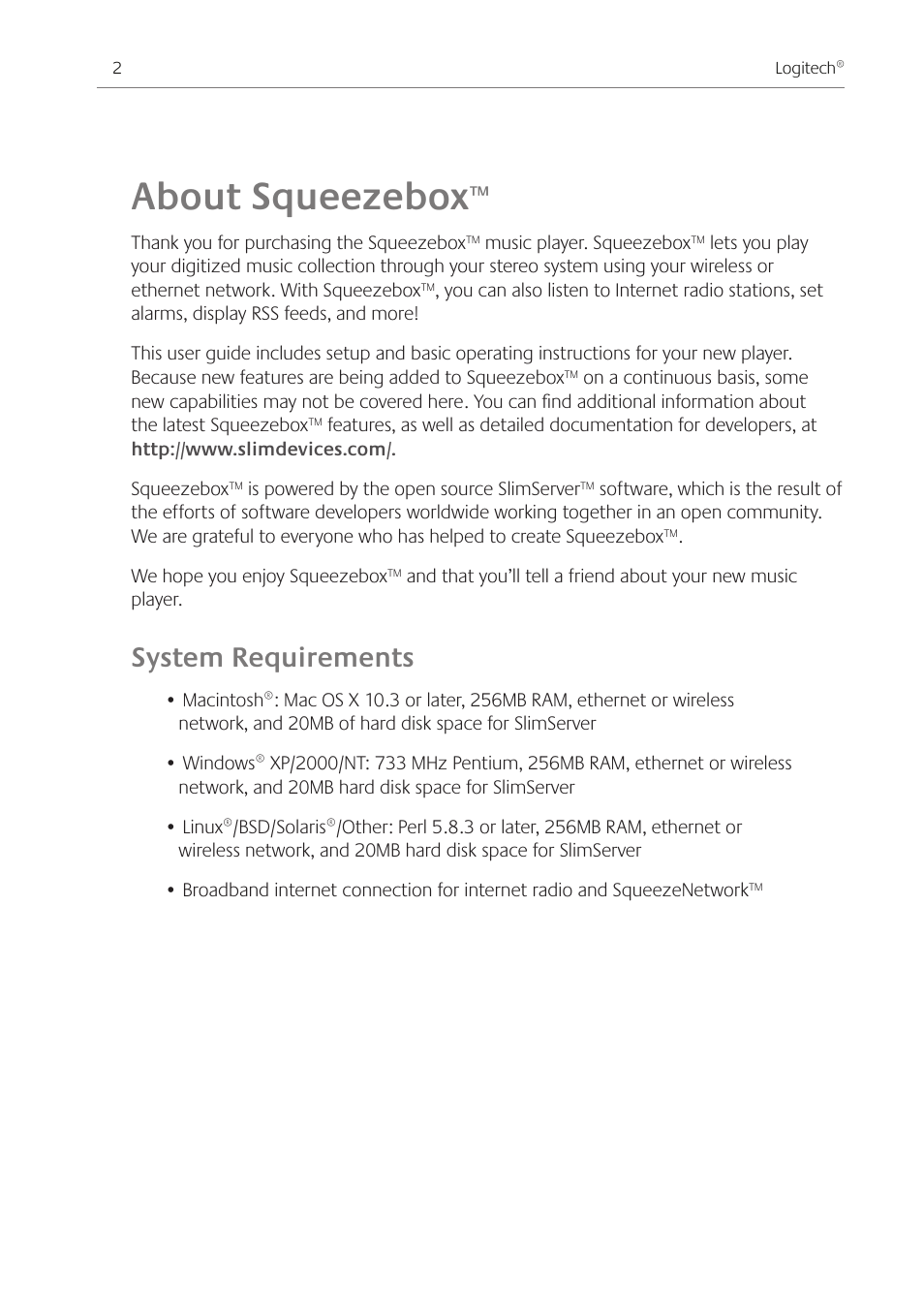 About squeezebox, System requirements | Logitech Squeezebox Ft User Manual | Page 4 / 32