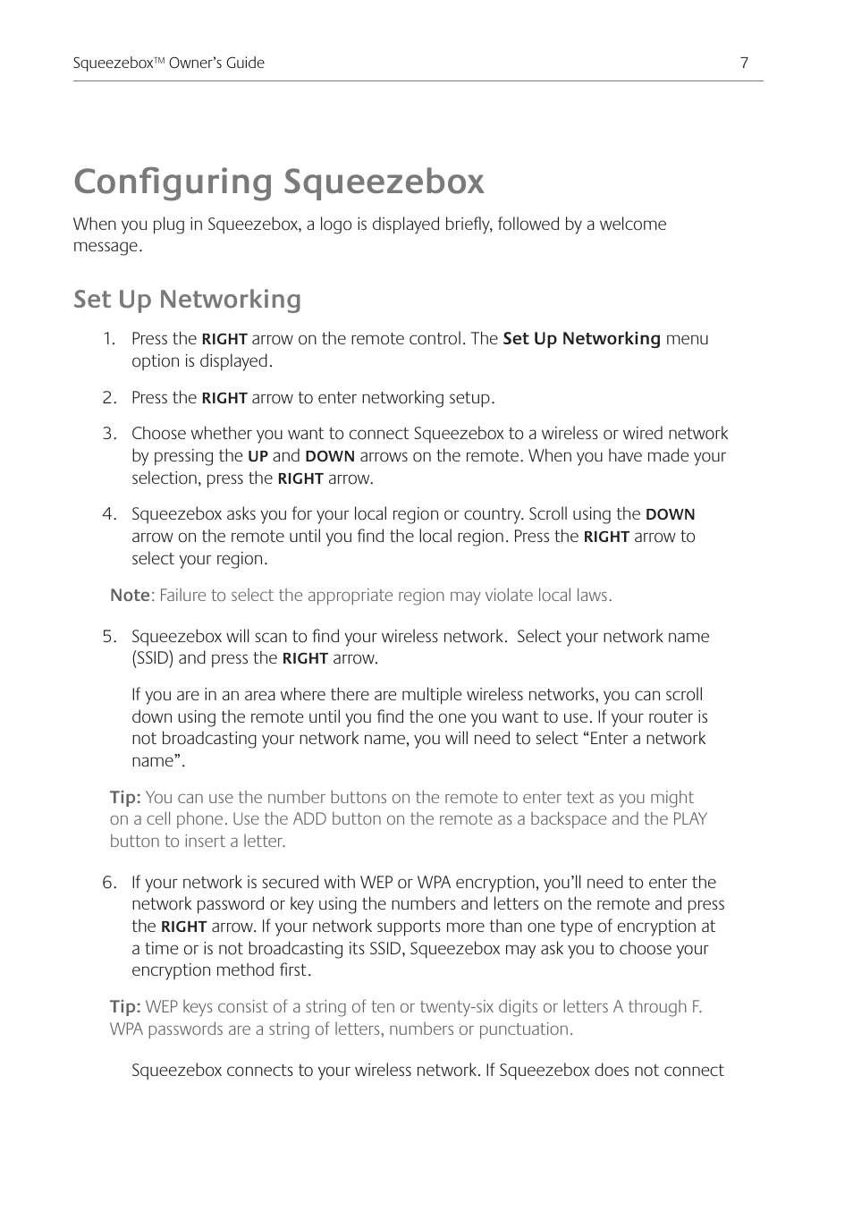 Configuring squeezebox, Set up networking | Logitech Squeezebox Ft User Manual | Page 9 / 32