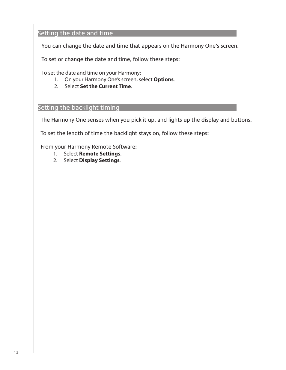 Setting the date and time, Setting the backlight timing, Setting the date and | Time | Logitech Harmony One User Manual | Page 12 / 40