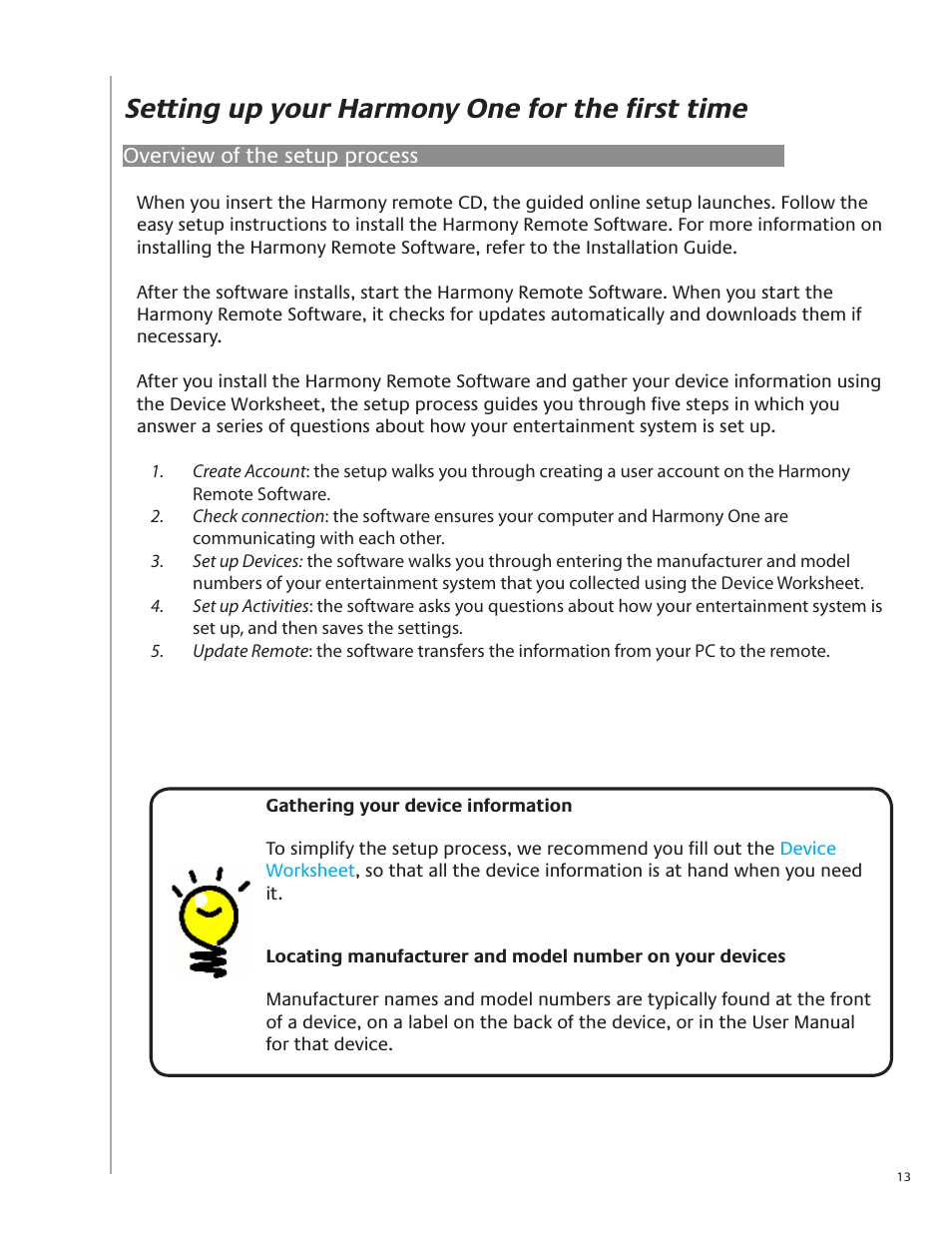 Setting up your harmony one for the first time, Overview of the setup process | Logitech Harmony One User Manual | Page 13 / 40