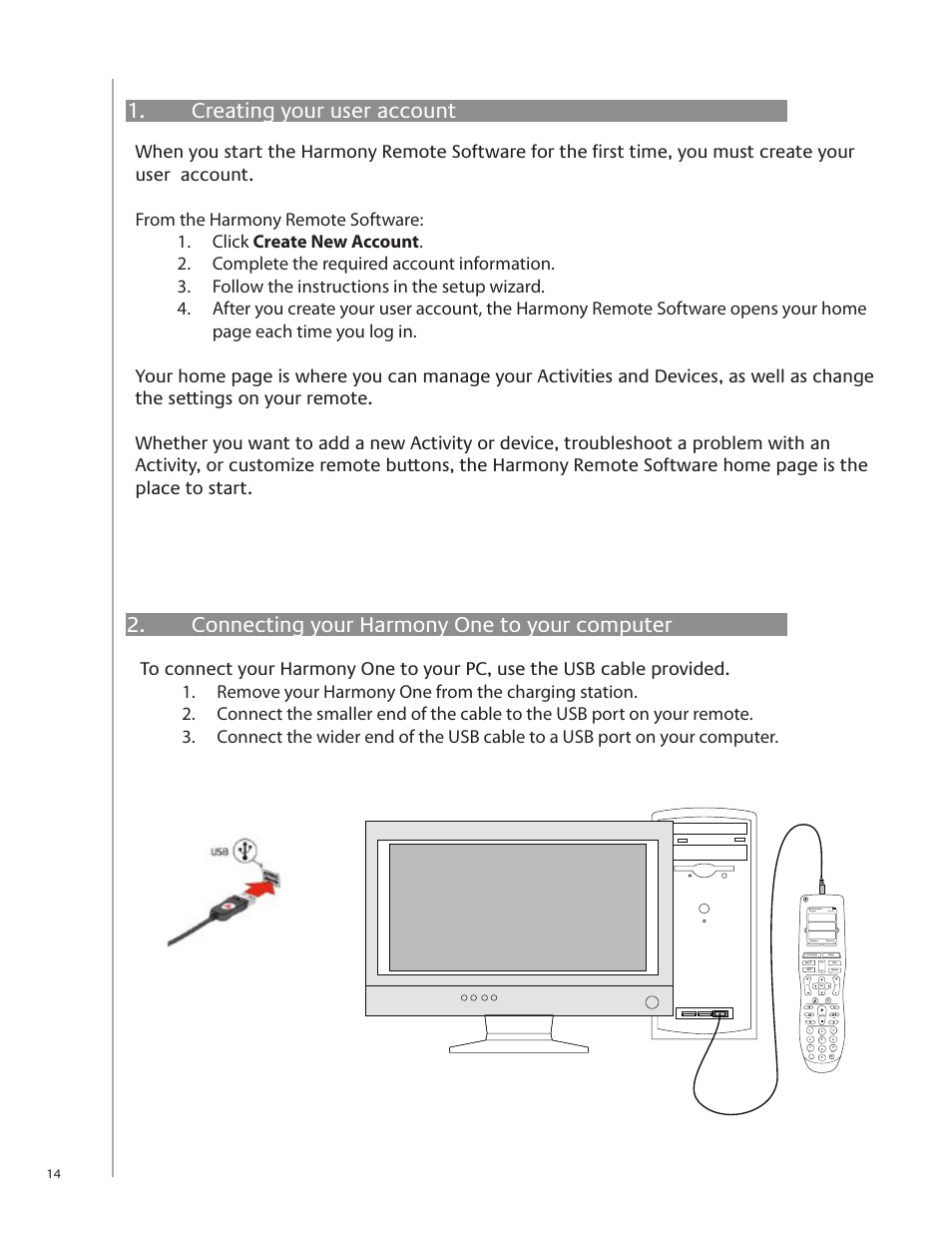 Creating your user account, Connecting your harmony one to your computer | Logitech Harmony One User Manual | Page 14 / 40