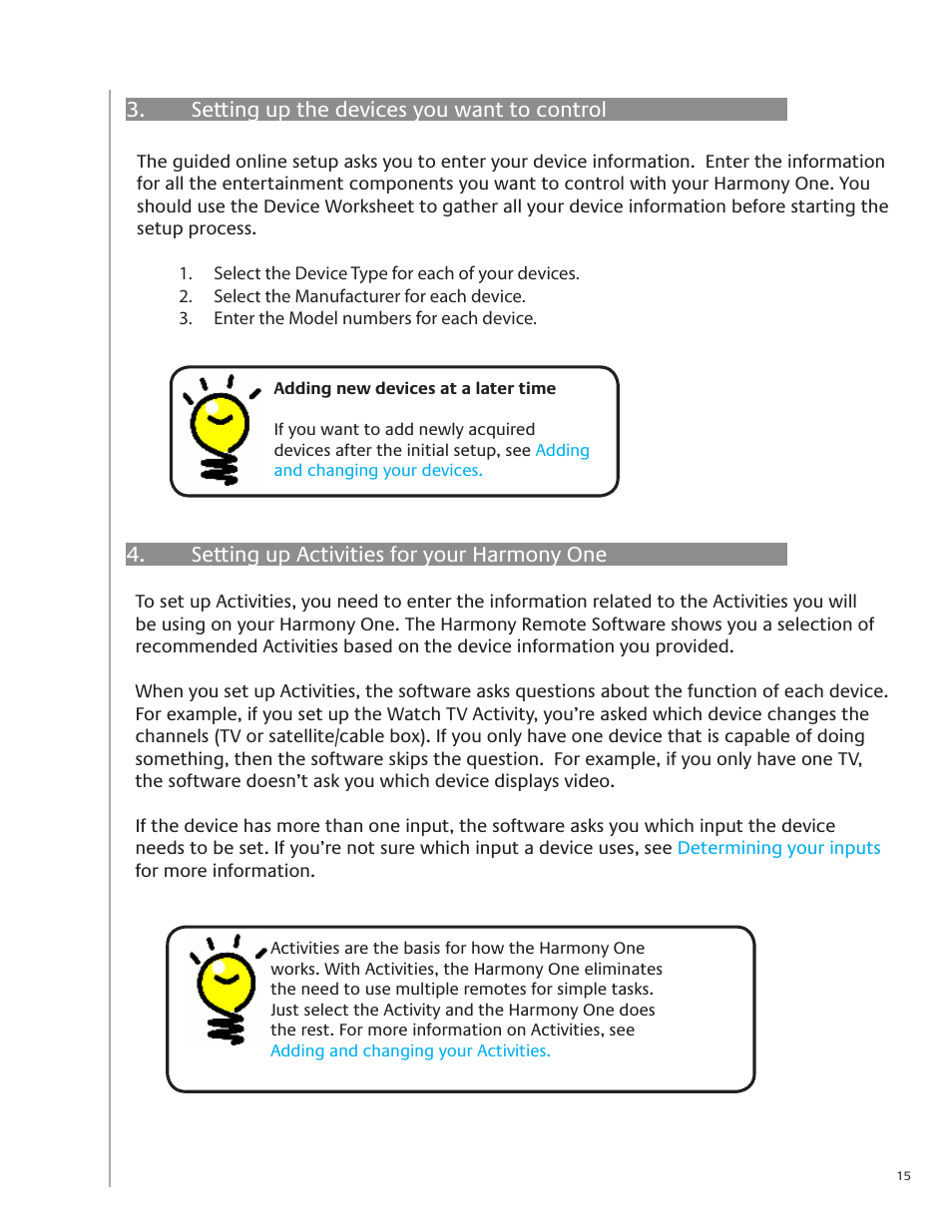 Setting up the devices you want to control, Setting up activities for your harmony one | Logitech Harmony One User Manual | Page 15 / 40
