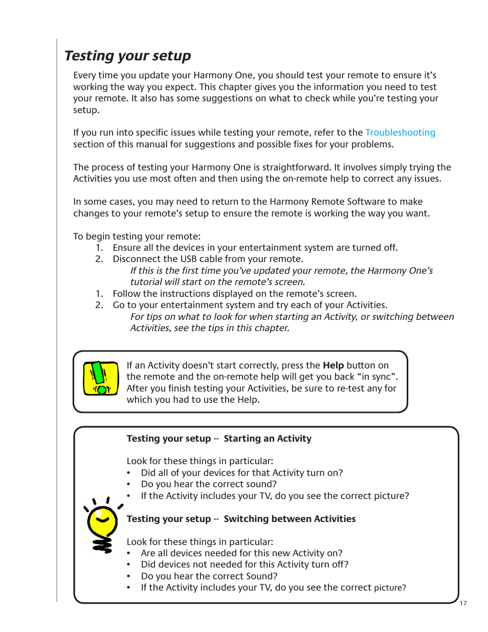 Testing your setup | Logitech Harmony One User Manual | Page 17 / 40