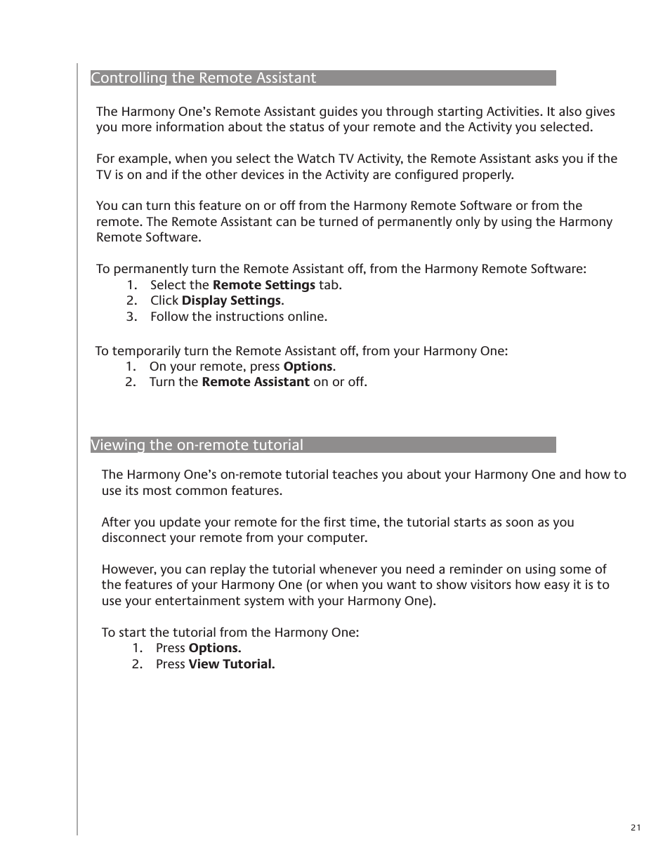 Controlling the remote assistant, Viewing the on-remote tutorial | Logitech Harmony One User Manual | Page 21 / 40