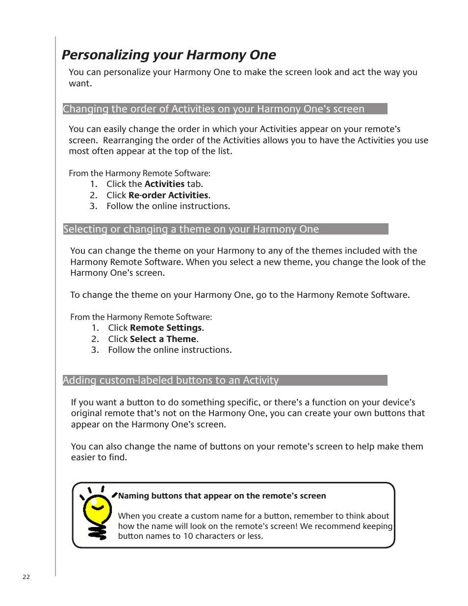 Personalizing your harmony one, Selecting or changing a theme on your harmony one, Adding custom-labeled buttons to an activity | Logitech Harmony One User Manual | Page 22 / 40