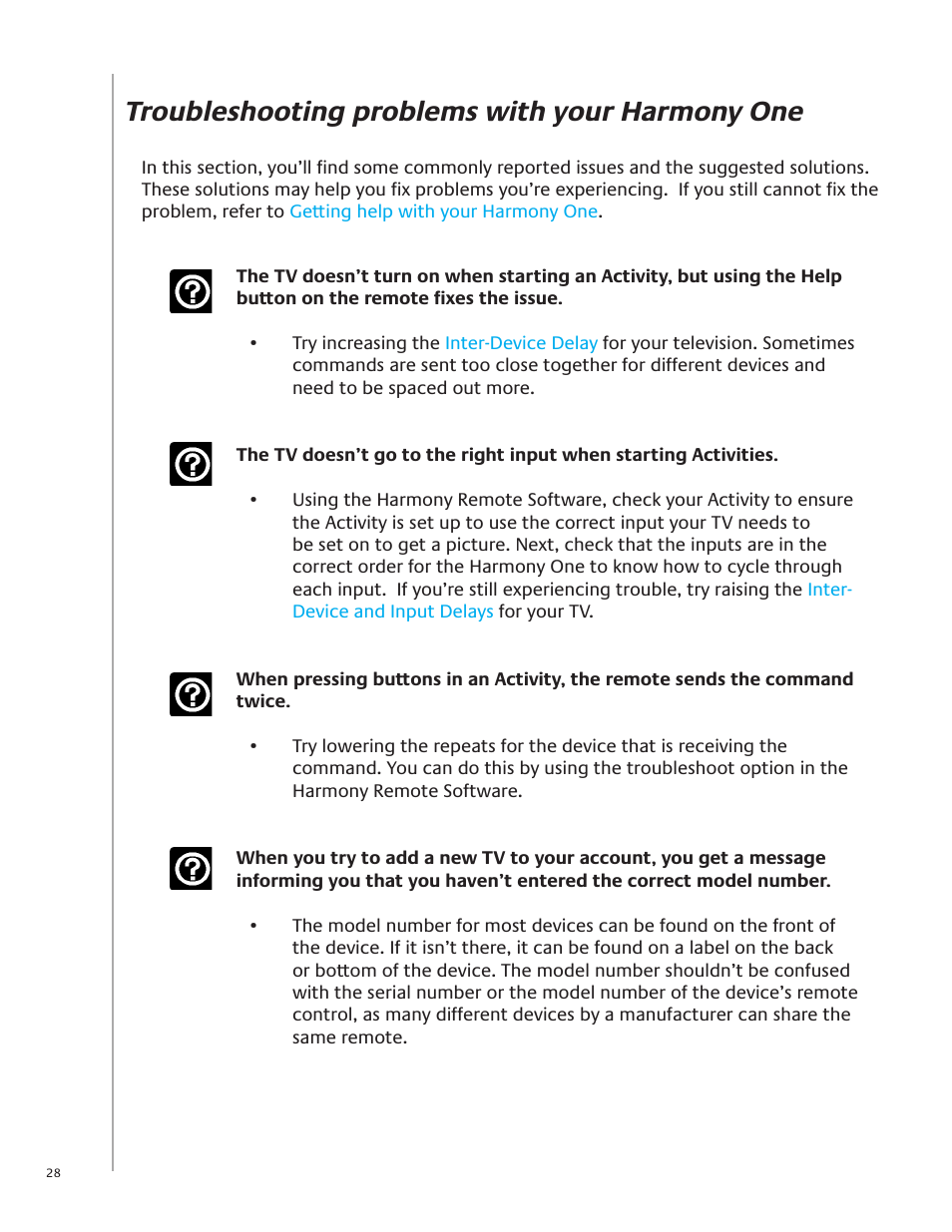 Troubleshooting problems with your harmony one | Logitech Harmony One User Manual | Page 28 / 40