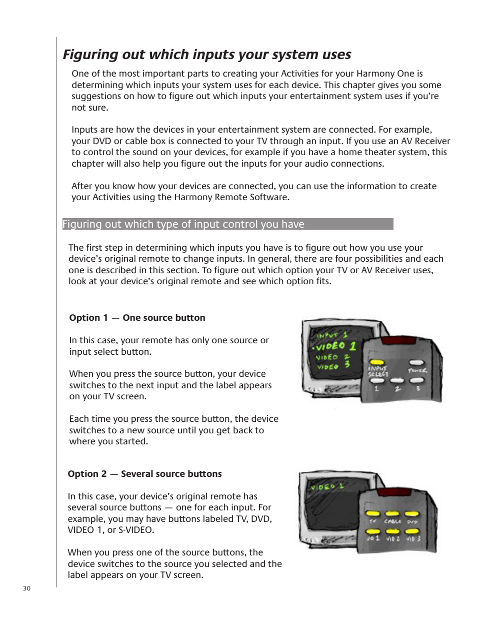 Figuring out which inputs your system uses, Figuring out which type of input control you have, Determining your inputs | Logitech Harmony One User Manual | Page 30 / 40