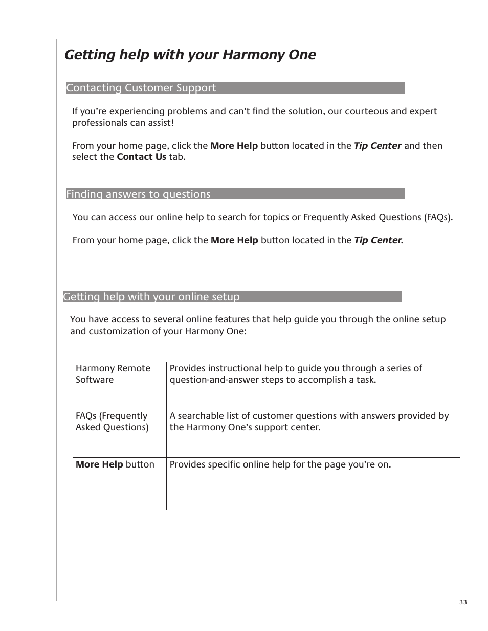 Getting help with your harmony one, Contacting customer support, Finding answers to questions | Getting help with your online setup | Logitech Harmony One User Manual | Page 33 / 40