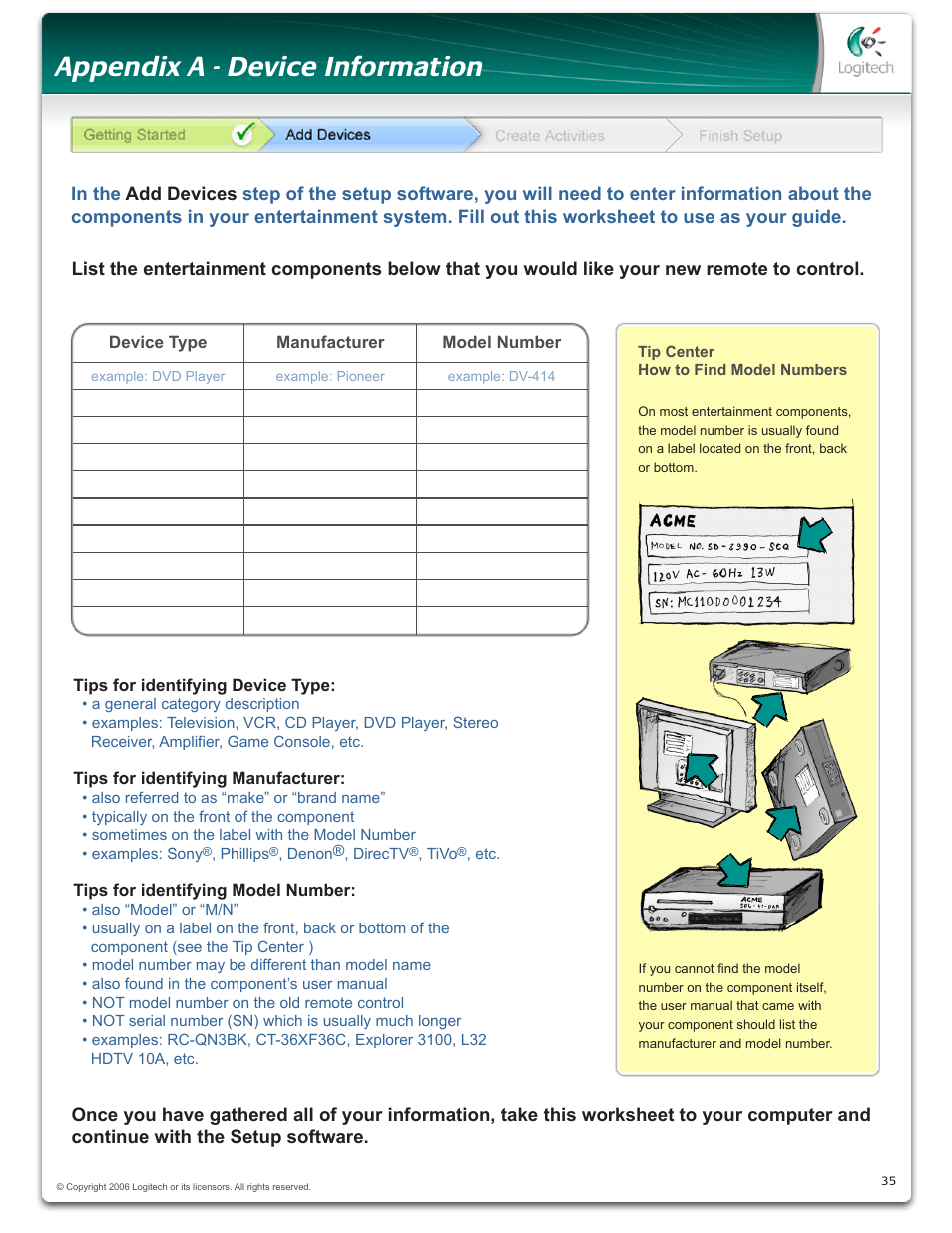 Appendix a - device information | Logitech Harmony One User Manual | Page 35 / 40