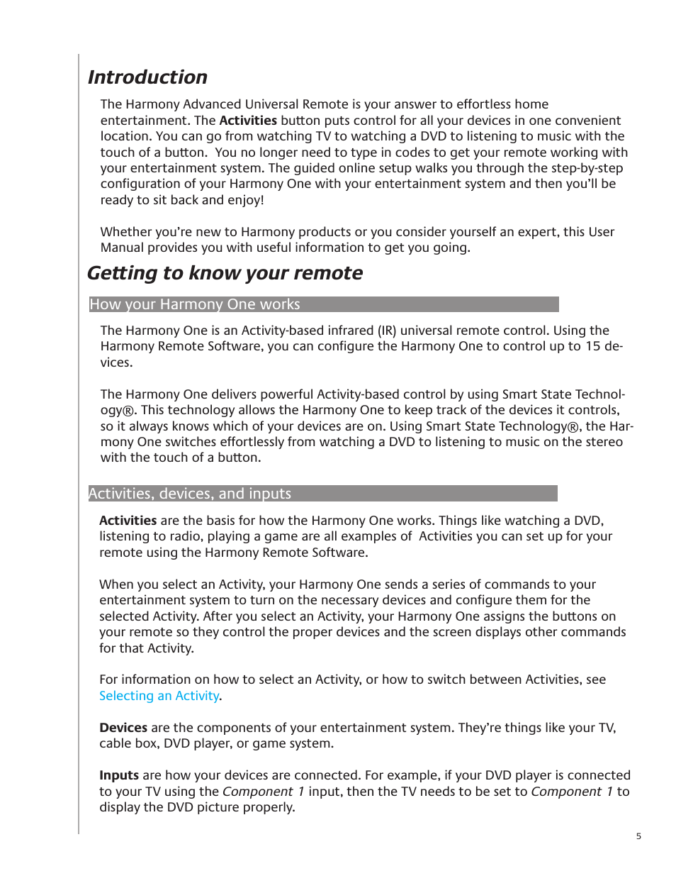 Introduction, Getting to know your remote, How your harmony one works | Activities, devices, and inputs | Logitech Harmony One User Manual | Page 5 / 40