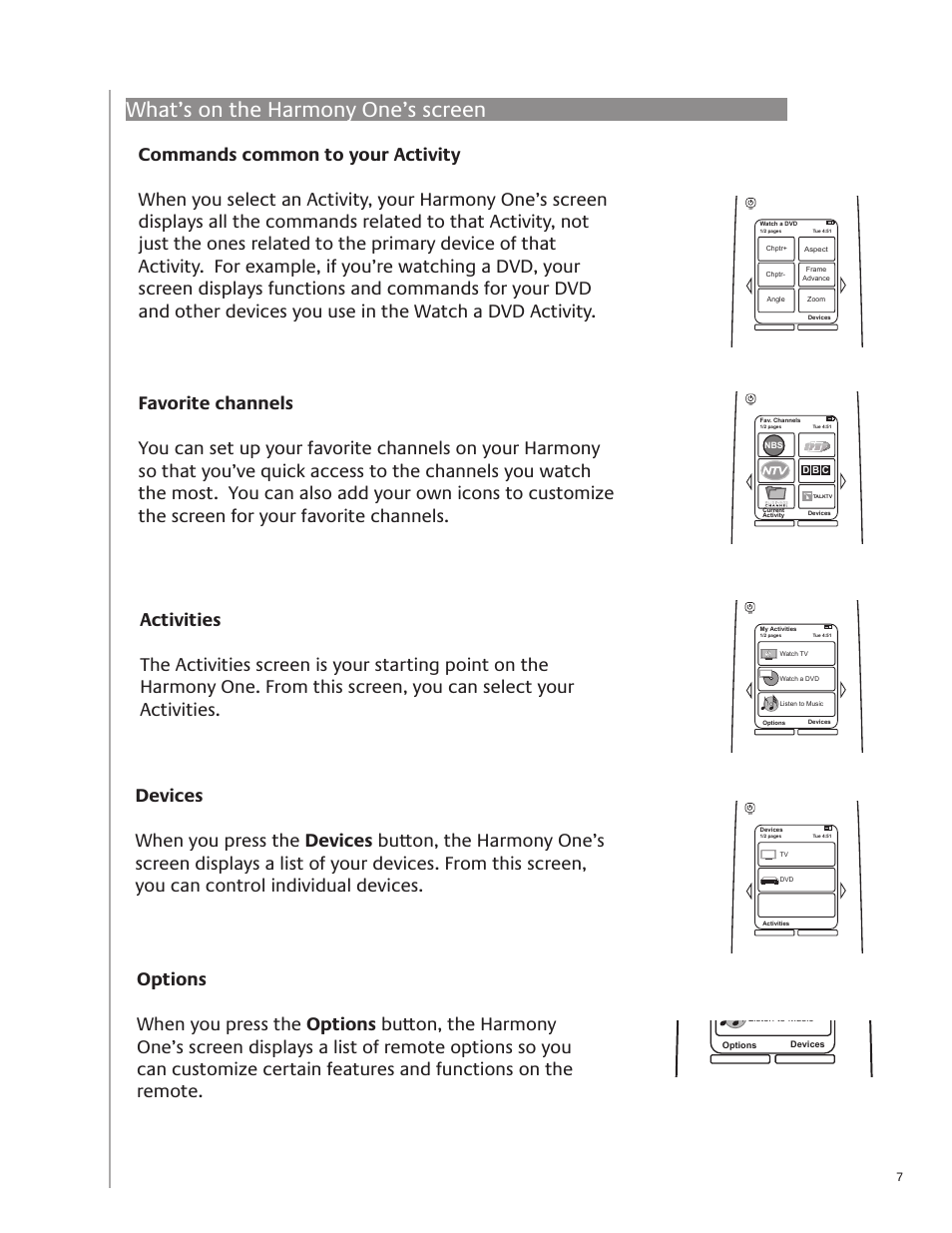 What’s on the harmony one’s screen | Logitech Harmony One User Manual | Page 7 / 40