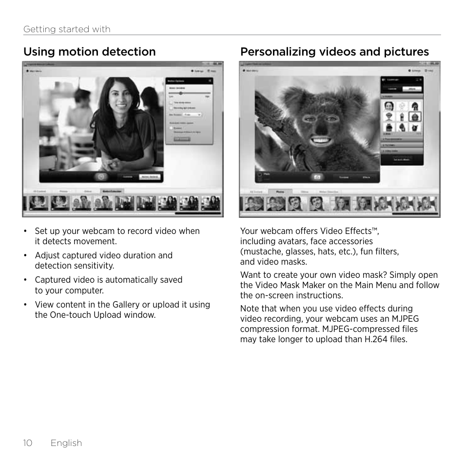 Using motion detection, Personalizing videos and pictures | Logitech HD Pro C920 User Manual | Page 10 / 44