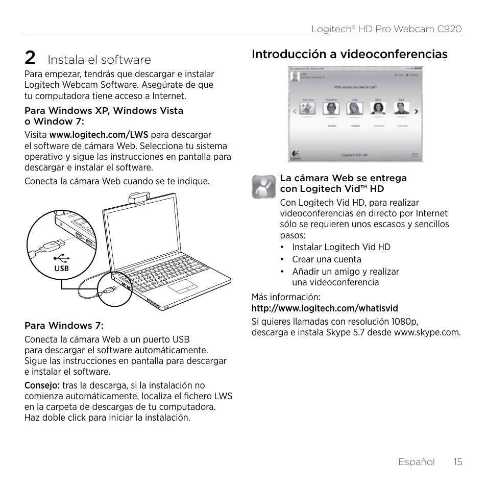 Instala el software, Introducción a videoconferencias | Logitech HD Pro C920 User Manual | Page 15 / 44