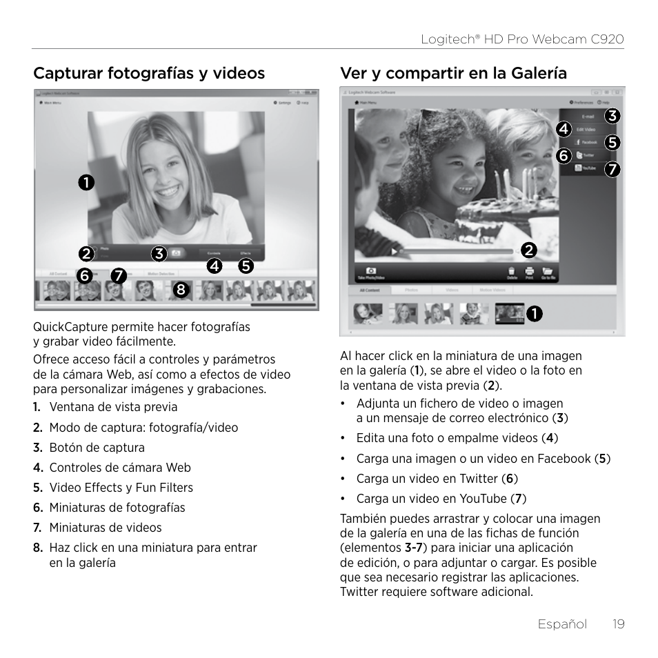 Capturar fotografías y videos, Ver y compartir en la galería | Logitech HD Pro C920 User Manual | Page 19 / 44