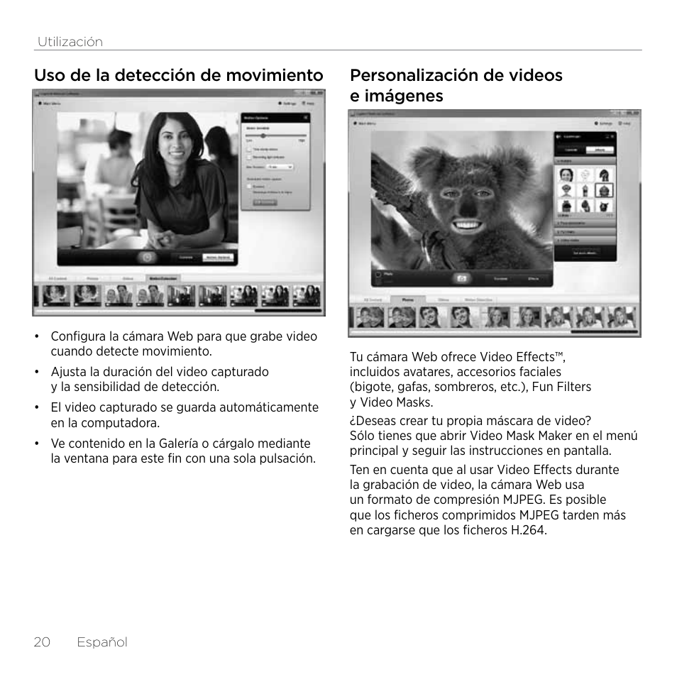 Uso de la detección de movimiento, Personalización de videos e imágenes | Logitech HD Pro C920 User Manual | Page 20 / 44