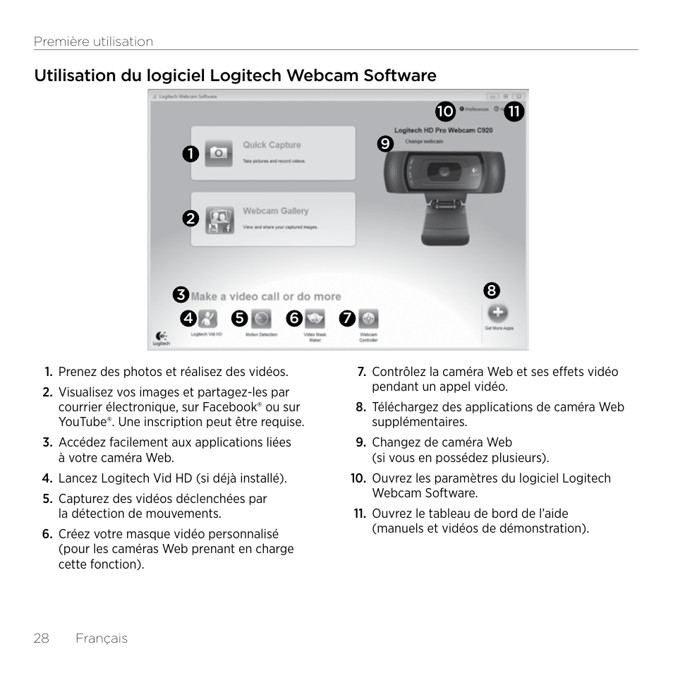 Utilisation du logiciel logitech webcam software | Logitech HD Pro C920 User Manual | Page 28 / 44