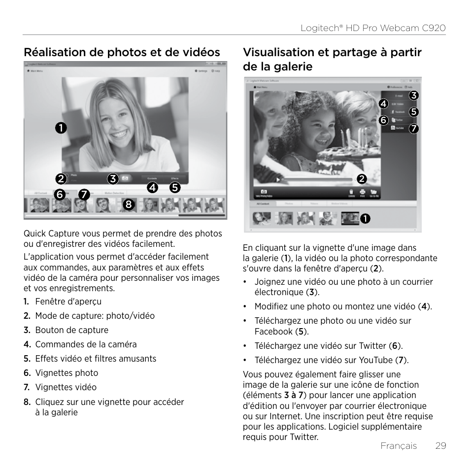 Réalisation de photos et de vidéos, Visualisation et partage à partir de la galerie | Logitech HD Pro C920 User Manual | Page 29 / 44