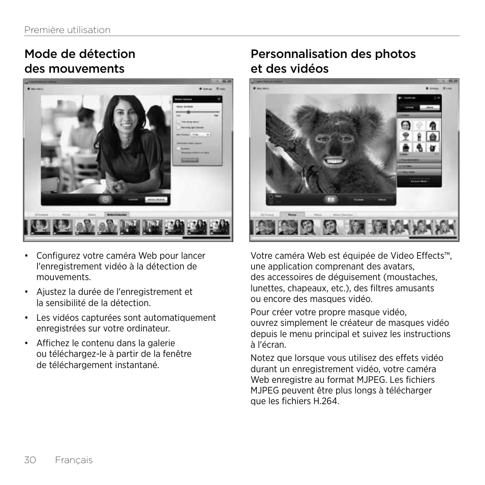 Mode de détection des mouvements, Personnalisation des photos et des vidéos | Logitech HD Pro C920 User Manual | Page 30 / 44