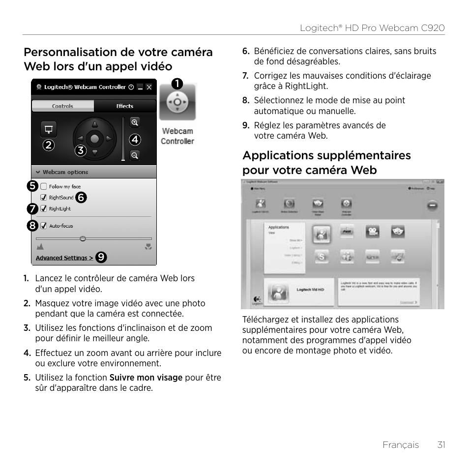 Applications supplémentaires pour votre caméra web | Logitech HD Pro C920 User Manual | Page 31 / 44