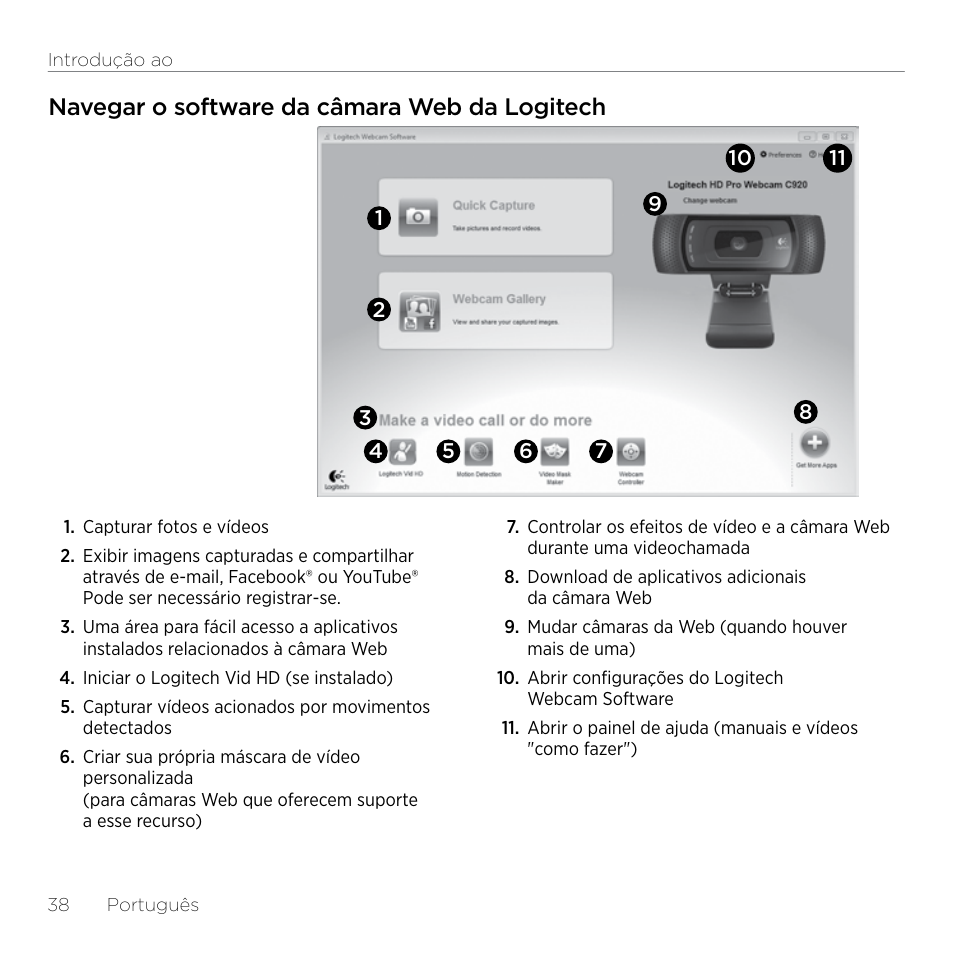 Navegar o software da câmara web da logitech | Logitech HD Pro C920 User Manual | Page 38 / 44