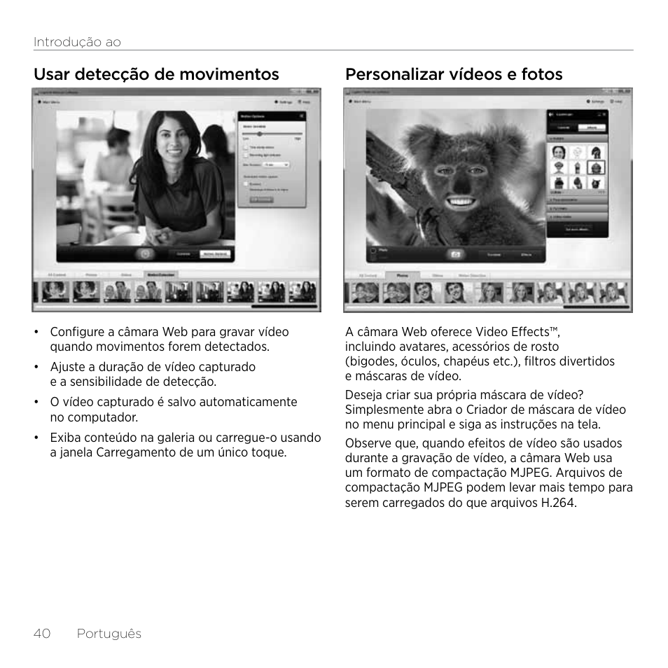 Usar detecção de movimentos, Personalizar vídeos e fotos | Logitech HD Pro C920 User Manual | Page 40 / 44