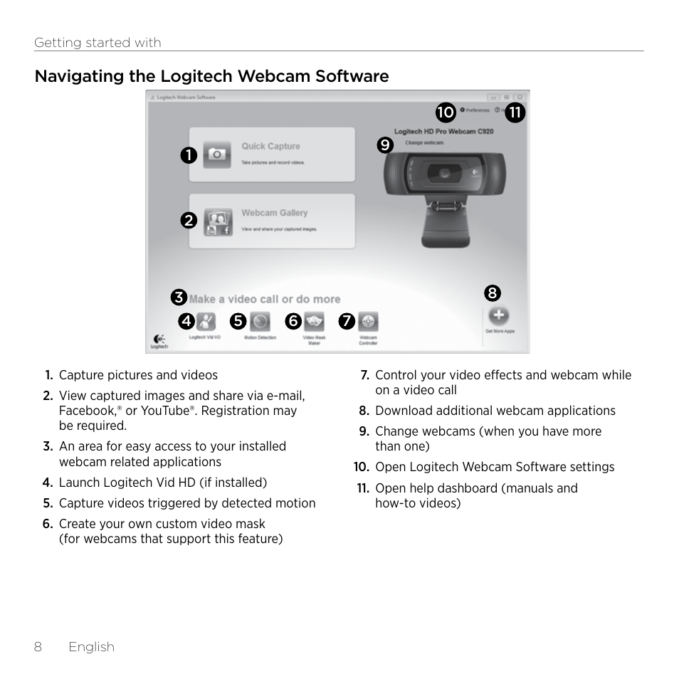 Navigating the logitech webcam software | Logitech HD Pro C920 User Manual | Page 8 / 44