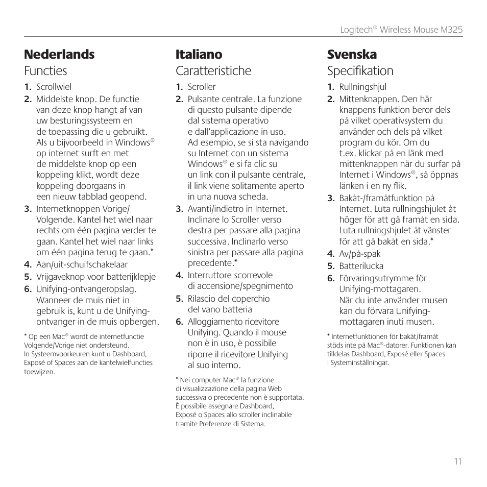 Nederlands functies, Italiano caratteristiche, Svenska specifikation | Logitech M325 User Manual | Page 11 / 32