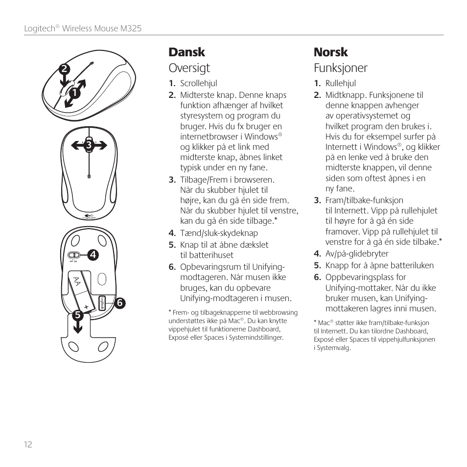 Dansk oversigt, Norsk funksjoner | Logitech M325 User Manual | Page 12 / 32
