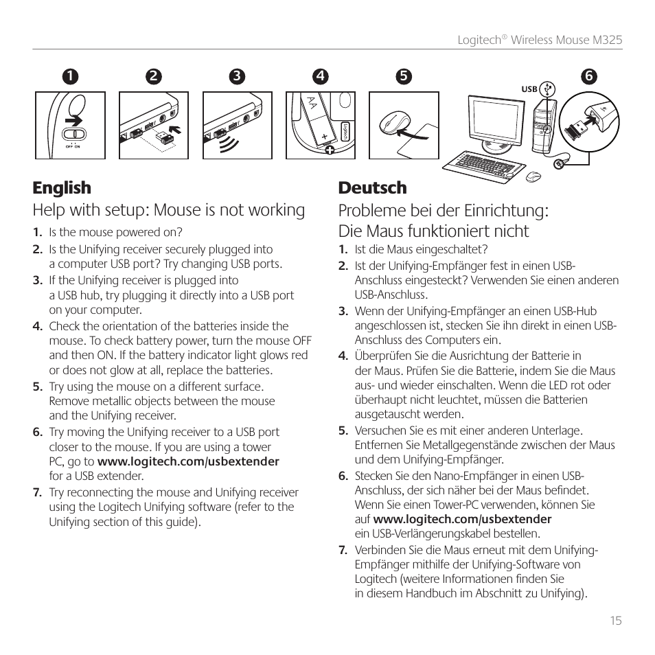 English help with setup: mouse is not working | Logitech M325 User Manual | Page 15 / 32