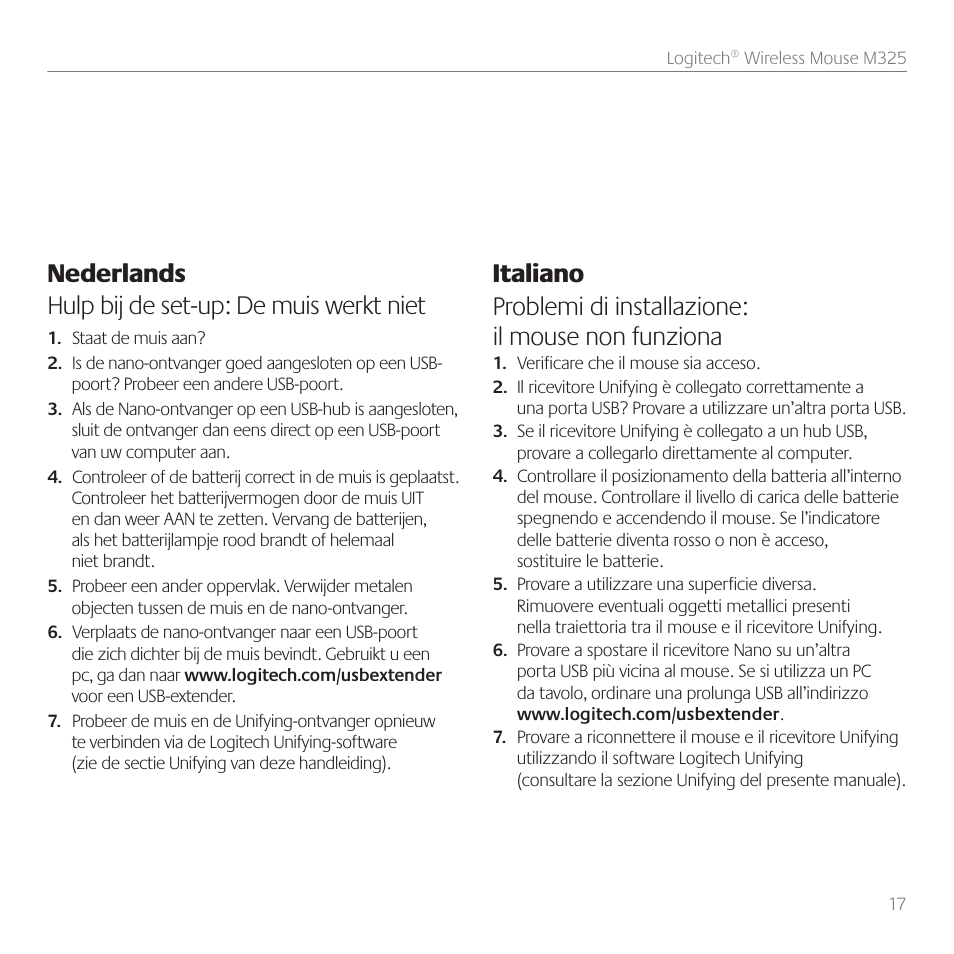 Nederlands hulp bij de set-up: de muis werkt niet | Logitech M325 User Manual | Page 17 / 32